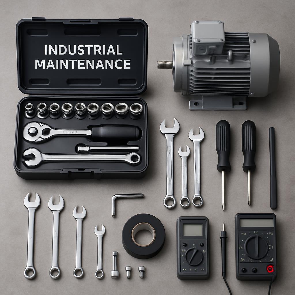 Industrial maintenance tools and equipment, including wrenches, sockets, and multimeters.